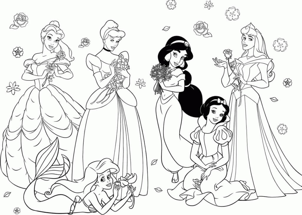 Desenhos de Seis Princesas Com Rosa para colorir