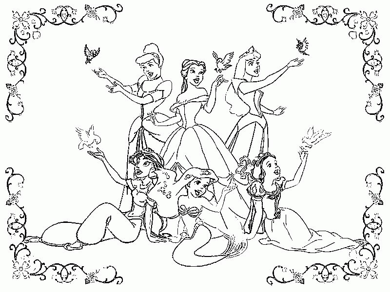 Desenhos de Seis Princesas com Pássaros para colorir