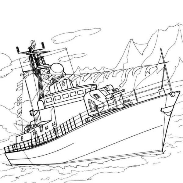 Desenhos de Um barco militar está em algum lugar nas montanhas para colorir