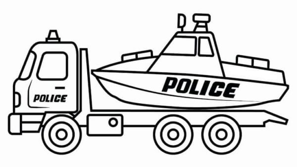 Desenhos de Um caminhão de reboque da polícia guia um barco da polícia para para colorir