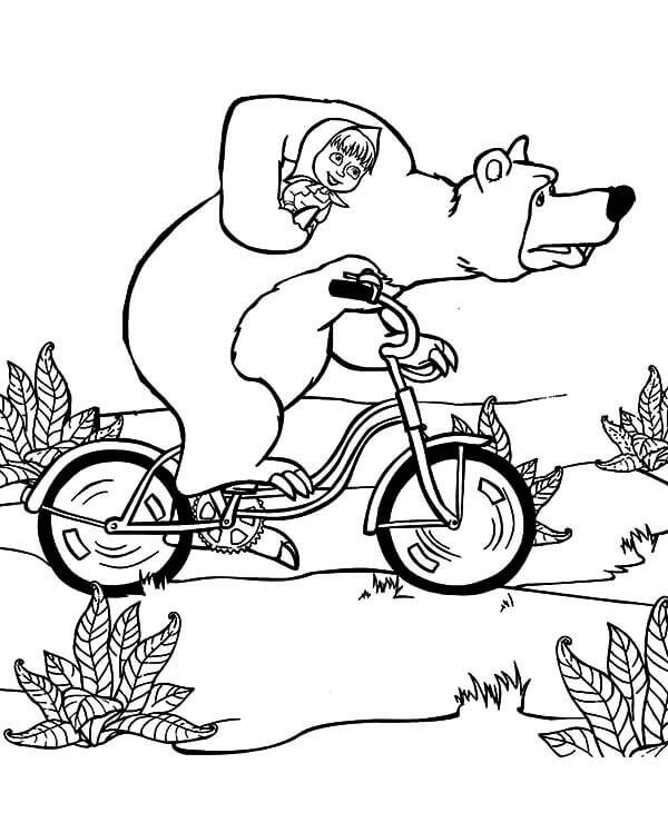 Desenhos de Andar De Bicicleta Masha com Urso para colorir