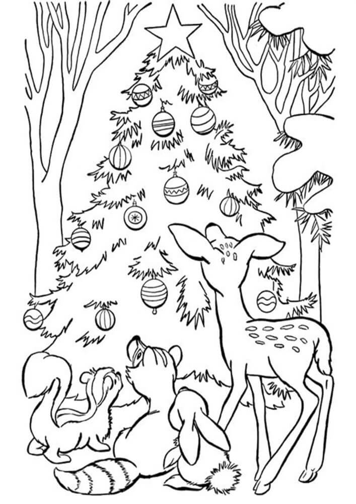 Animais Olhando para a Árvore de Natal para colorir