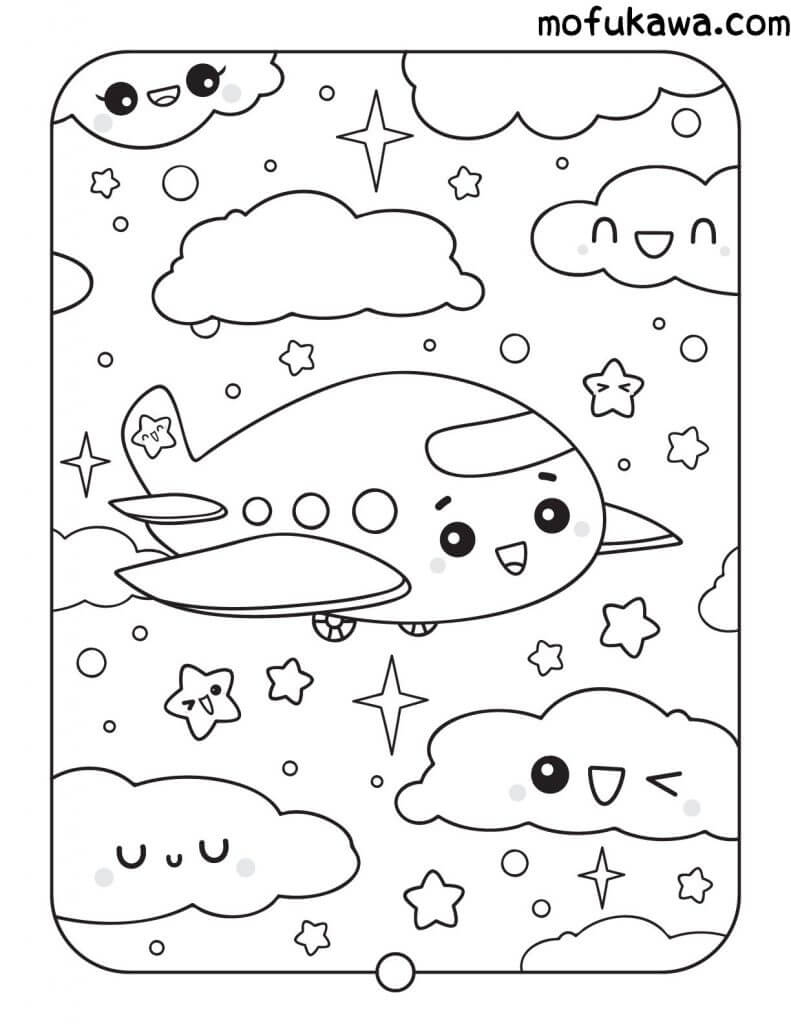 Avião e Nuvem Kawaii para colorir