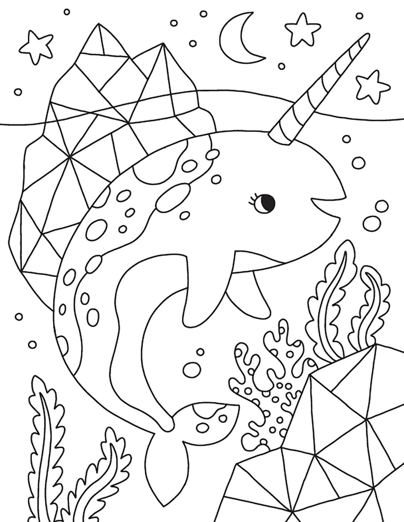 Desenhos de Baleia Unicórnio Kawaii para colorir