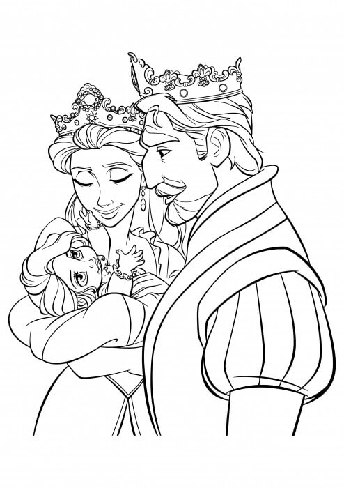 Desenhos de Bebê Rapunzel nos Braços do Rei e da Rainha para colorir