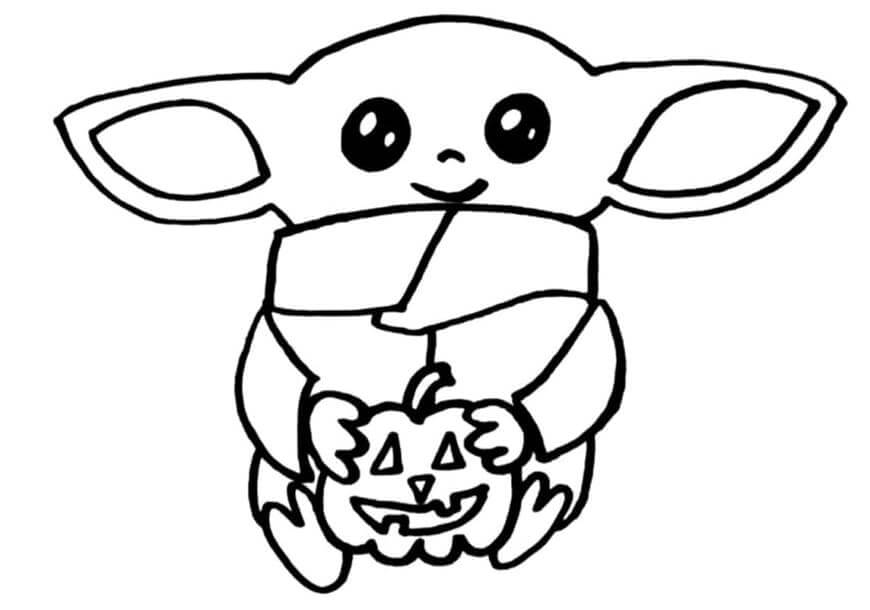 Desenhos de Bebê Yoda Segurando Abóbora para colorir