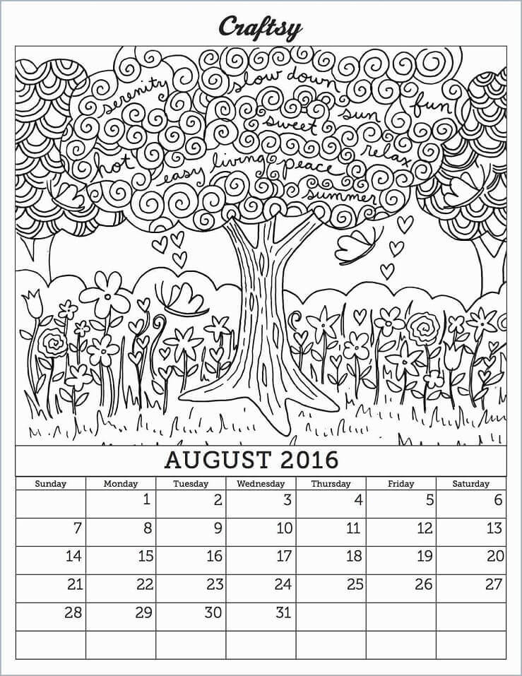 Calendário De agosto De 2016 para colorir