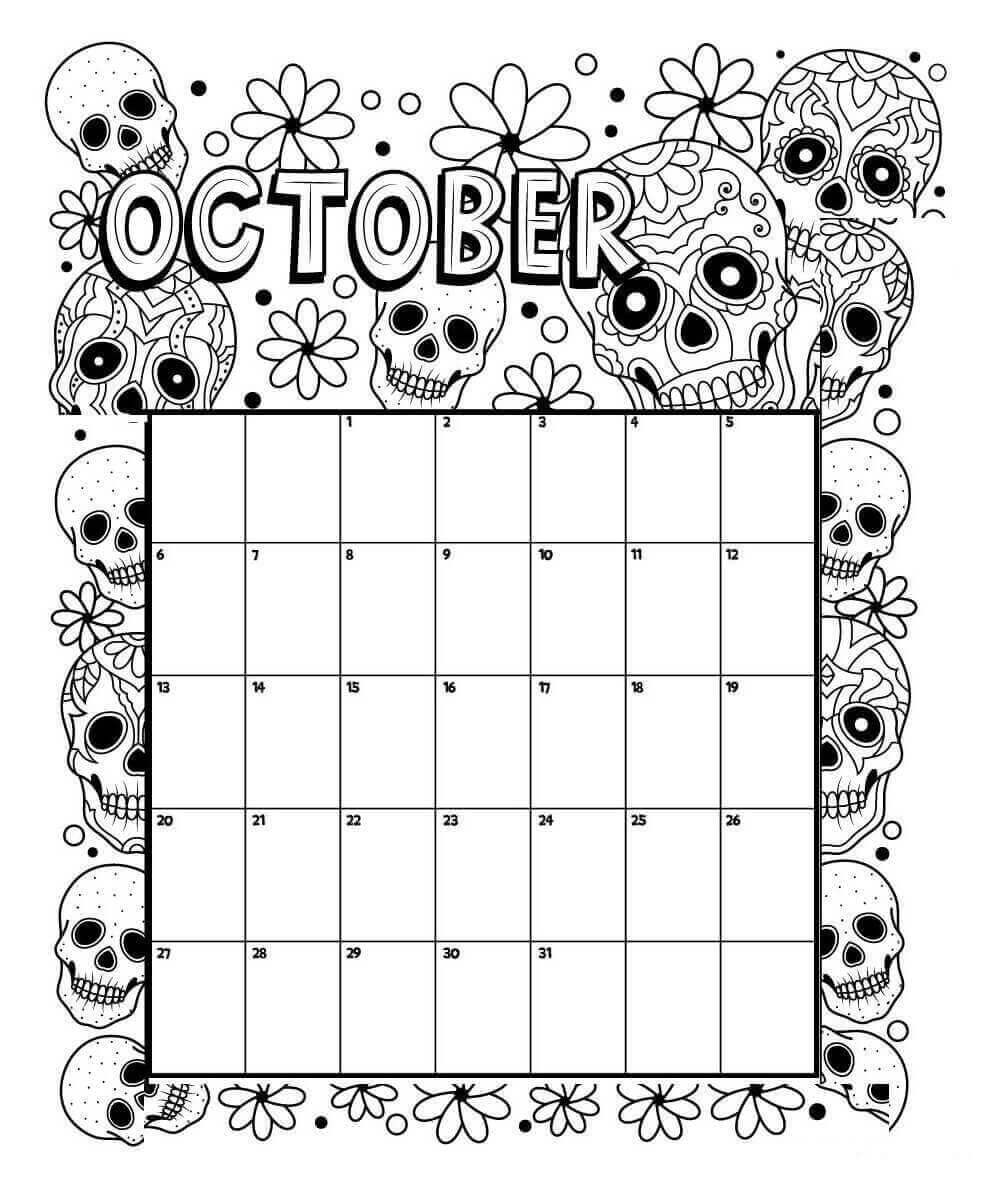 Calendário De Dia Das Bruxas De Outubro para colorir