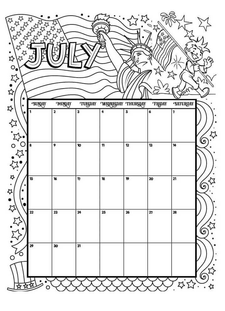 Calendário De Julho para colorir