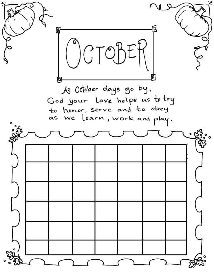 Calendário De Outubro para colorir