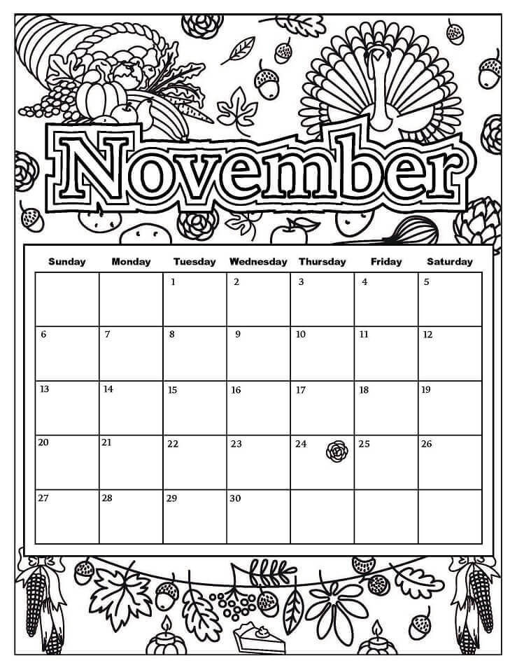 Calendário Fofo De Novembro para colorir
