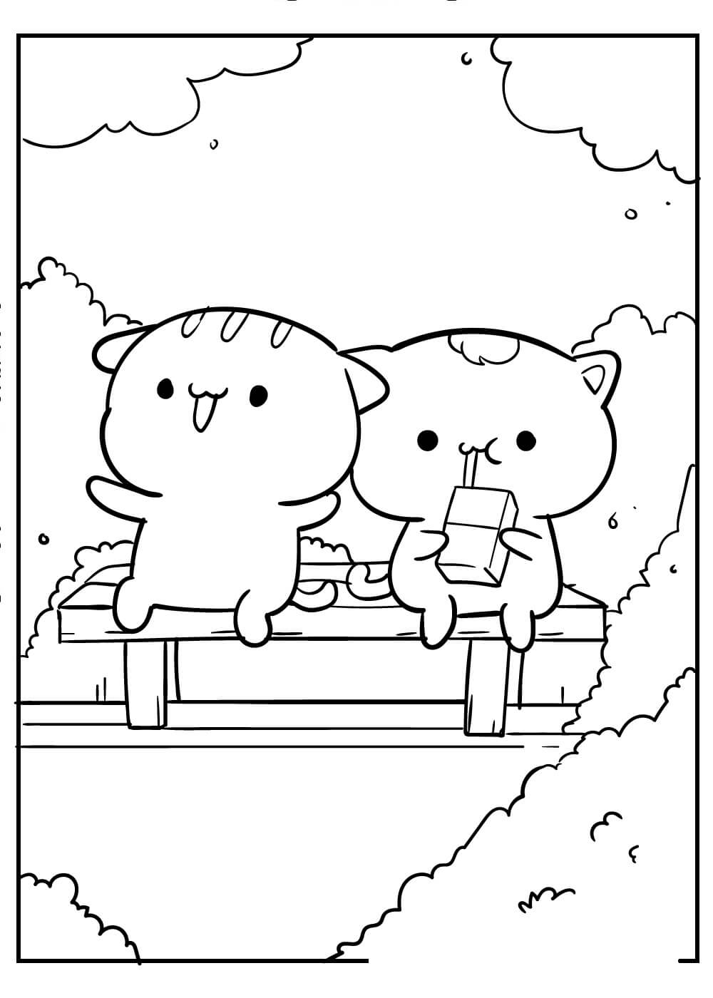 Desenhos de Casal Gatinho Kawaii para colorir