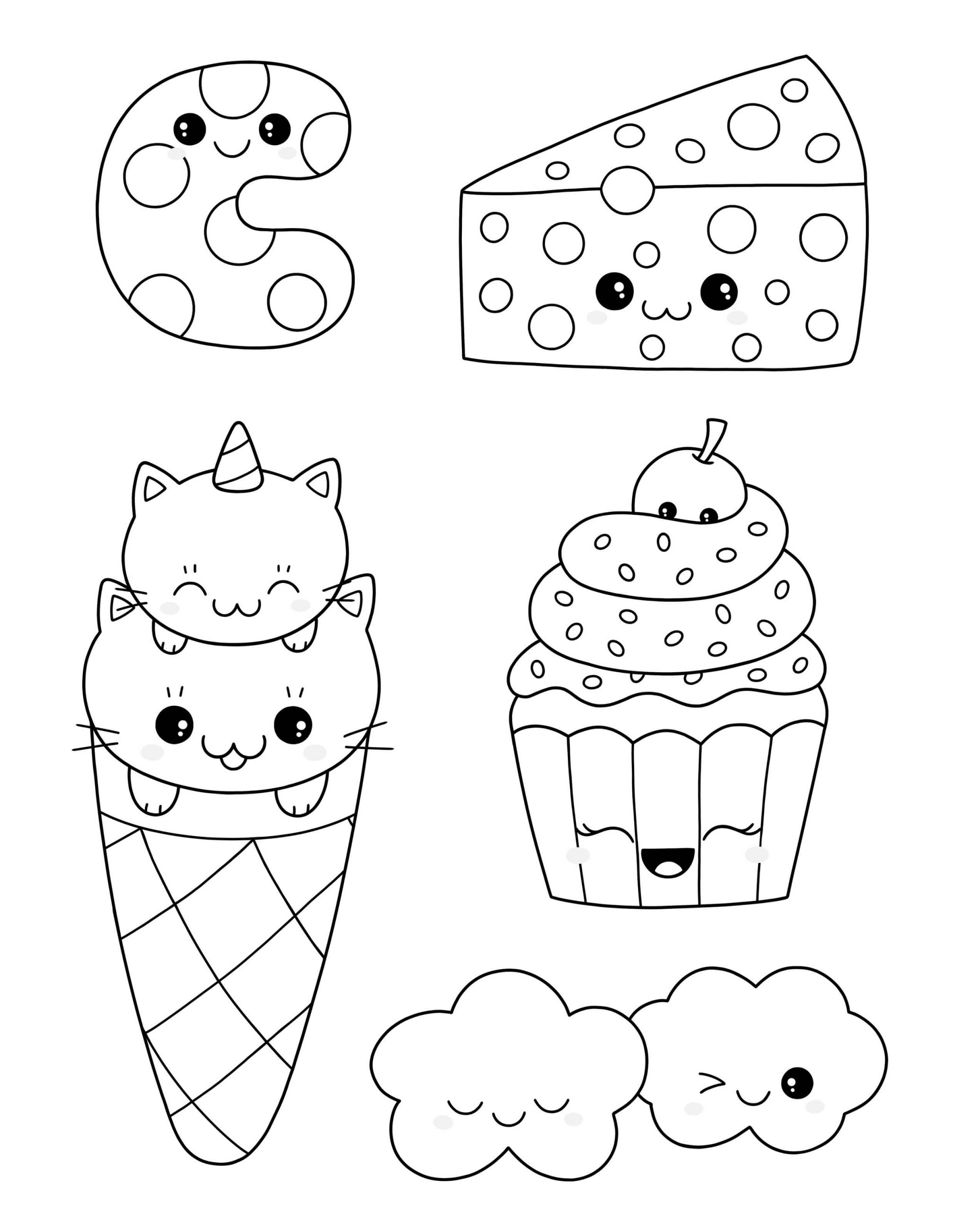 Desenhos de Cinco Alimentos Kawaii para colorir