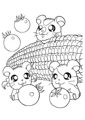 Desenhos de Coelho Kawaii e Legumes para colorir