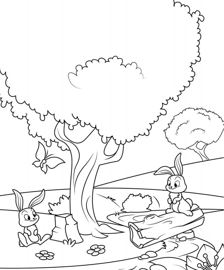 Desenhos de Coelhos Debaixo Da Árvore para colorir