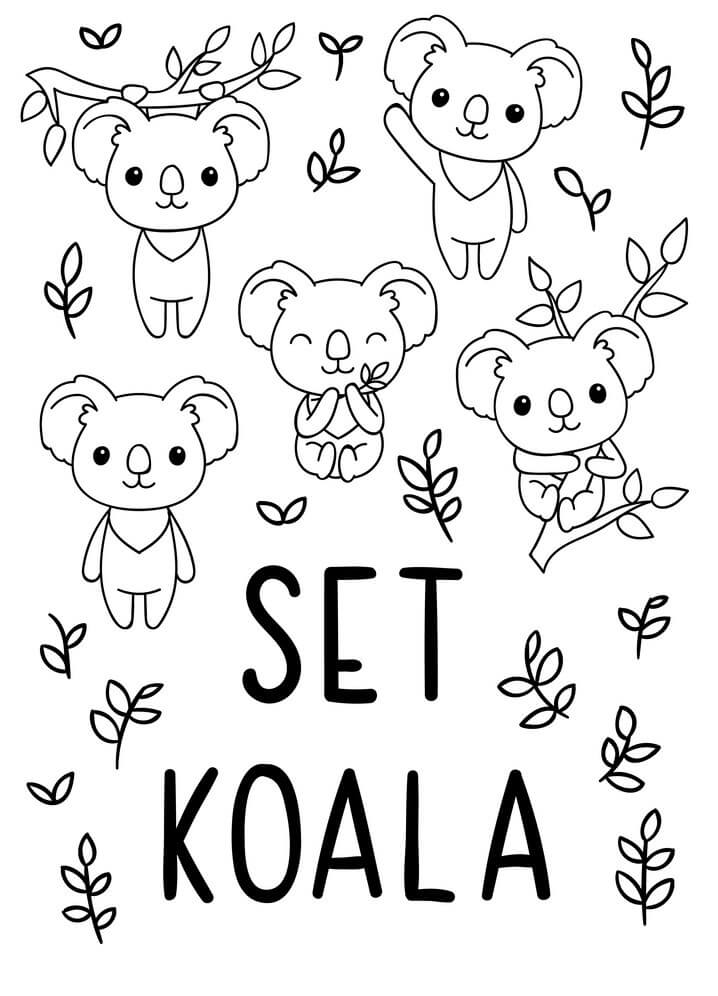 Conjunto Kawaii Coala para colorir