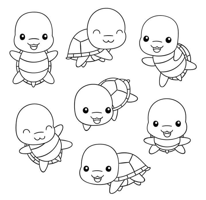 Conjunto Turtle Kawaii para colorir