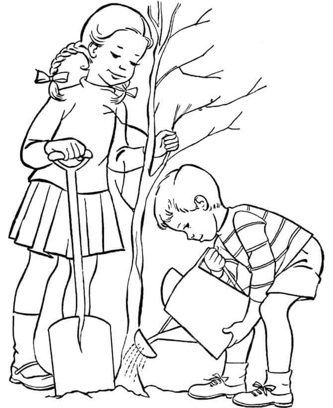 Desenhos de Crianças Plantando Árvores para colorir