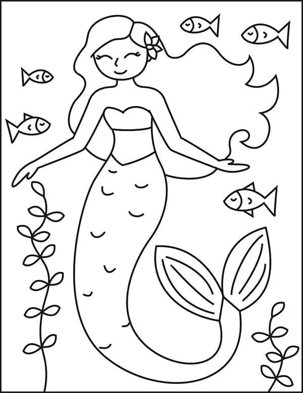Desenhando Sereia e Peixes para colorir