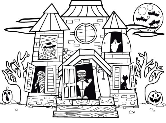 Desenhos de Dia Das Bruxas Casa Assombrada para colorir