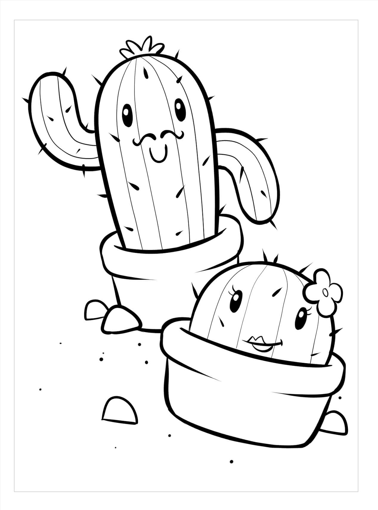 Desenhos de Dois Cactos Kawaii para colorir