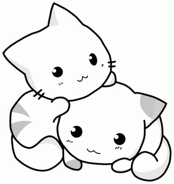 Desenhos de Dois Gatinhos Kawaii para colorir