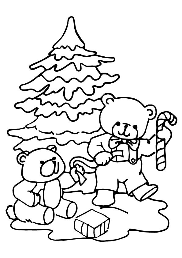 Desenhos de Dois ursinhos de Pelúcia com Árvore de Natal para colorir