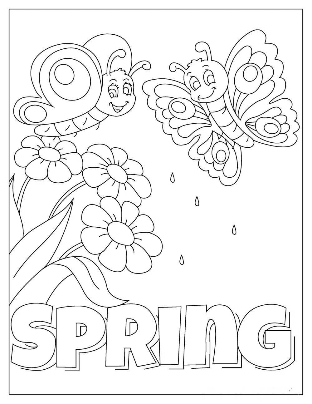 Desenhos de Duas Borboletas e Flores na Primavera para colorir
