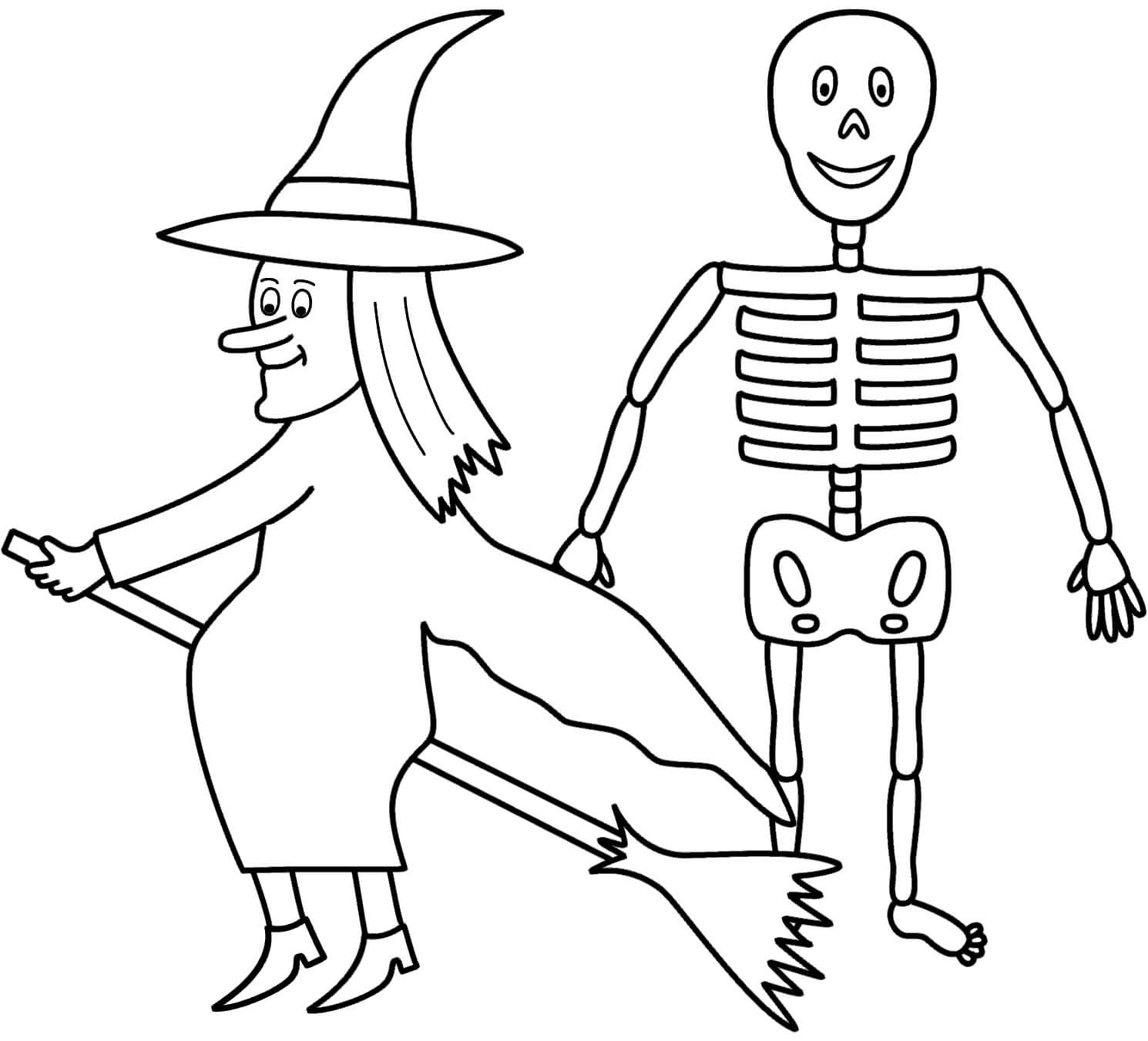 Desenhos de Esqueleto com Bruxa para colorir
