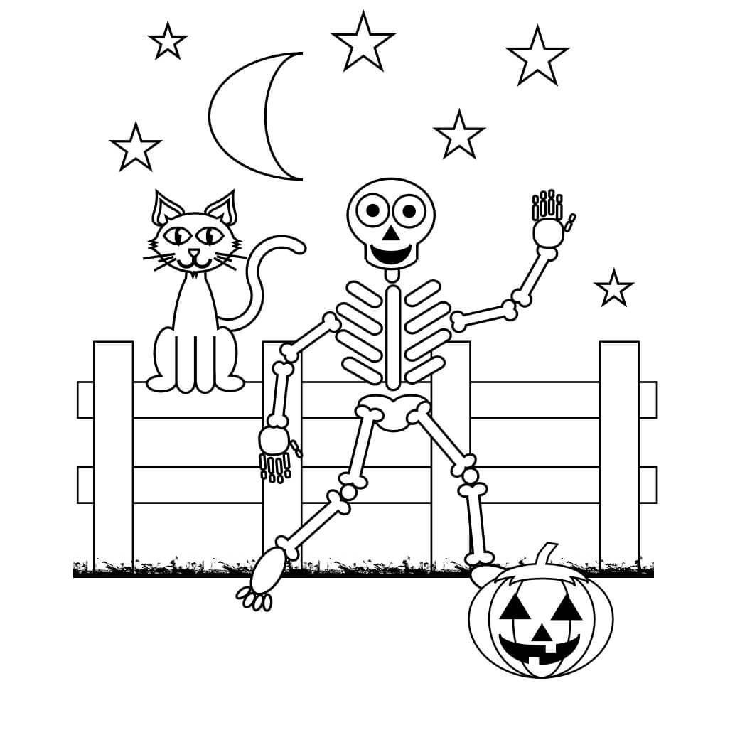 Esqueleto com Gato no Halloween para colorir