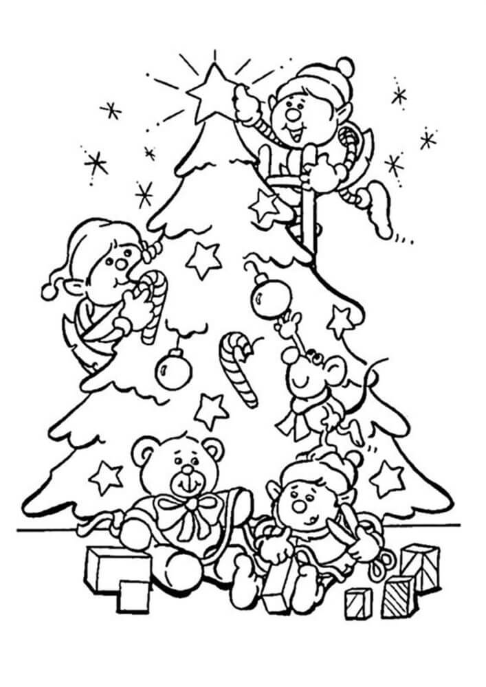 Desenhos de Fadas e Ursinho de Pelúcia com Árvore de Natal para colorir