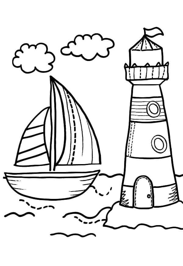 Desenhos de Farol e Barco para colorir