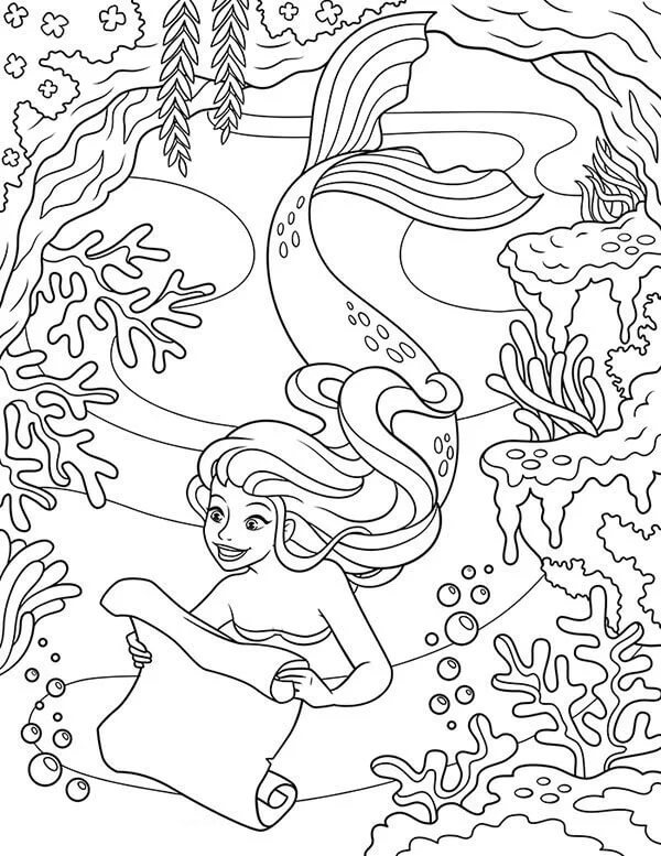 Desenhos de Feliz Sereia Segurando um Mapa para colorir