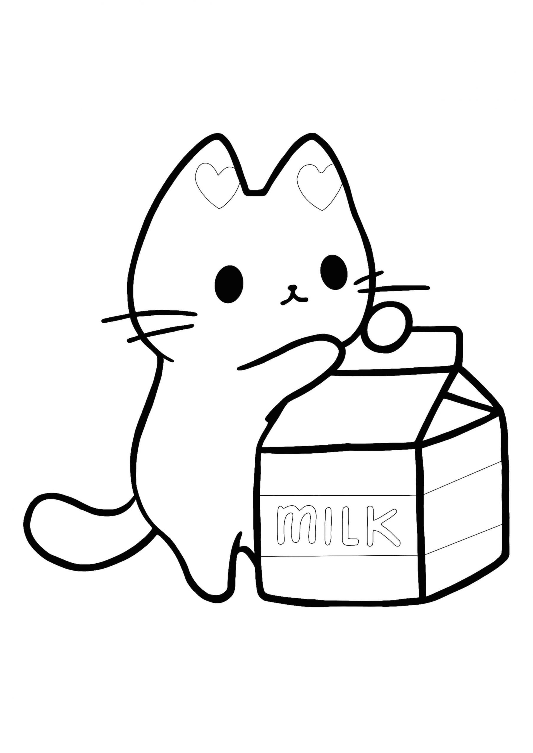 Desenhos de Gatinho Kawaii com Leite para colorir