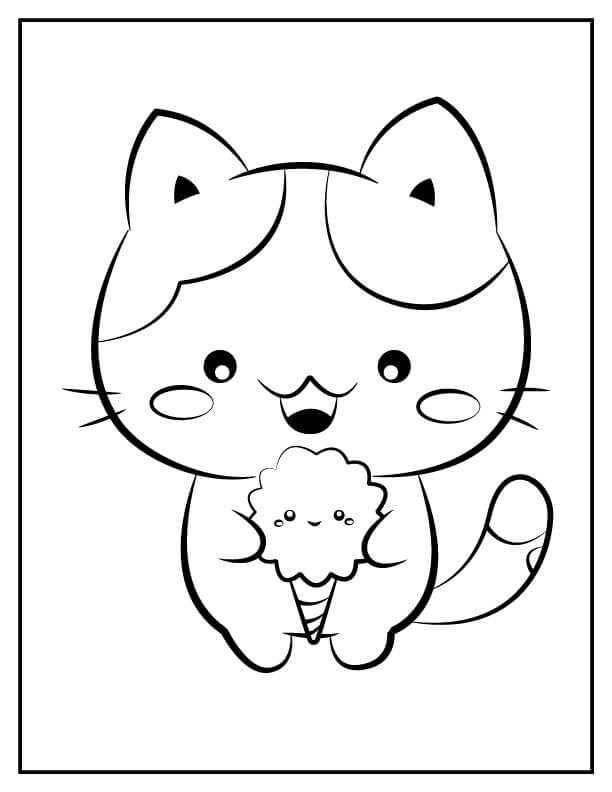 Gatinho Kawaii Segurando Sorvete para colorir