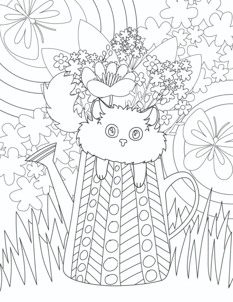 Desenhos de Gato com Flores na Primavera para colorir