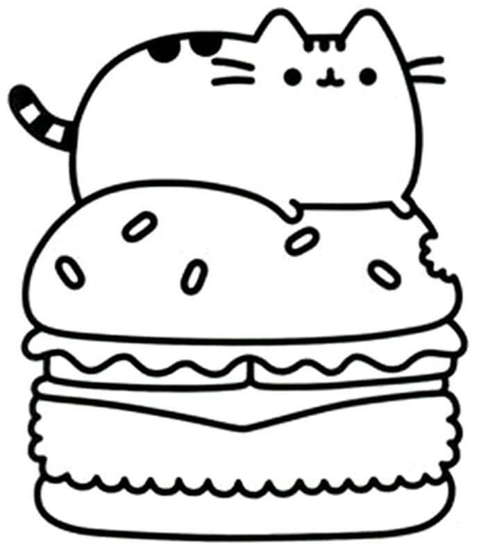 Desenhos de Gato Kawaii Pusheen em Hambúrguer para colorir