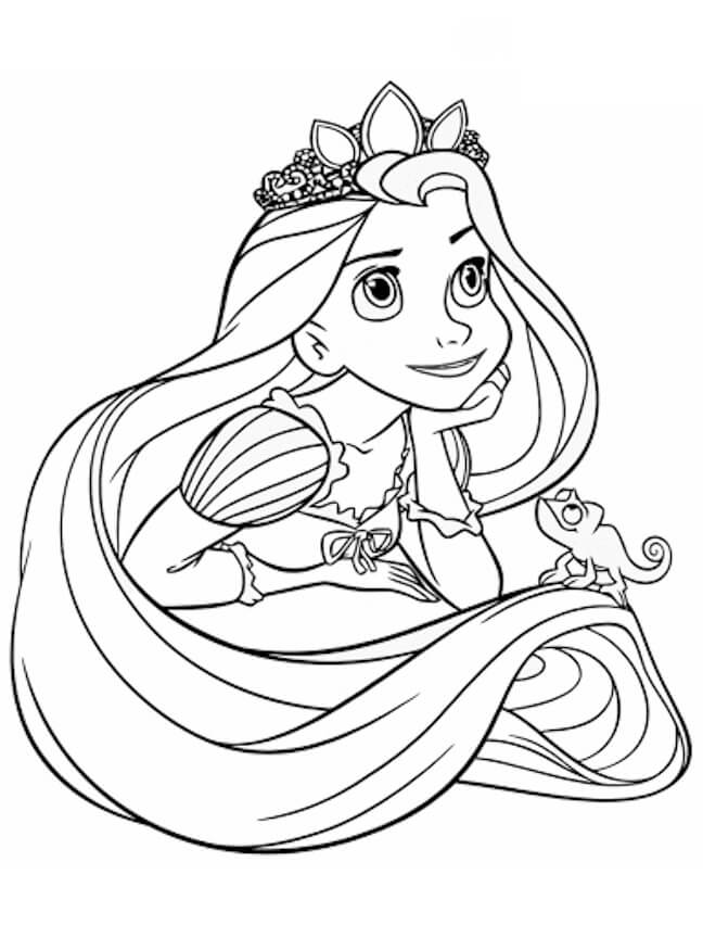 Linda Rapunzel com Pascal para colorir
