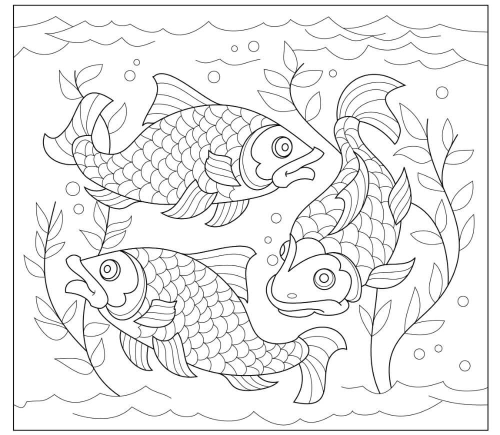 Desenhos de Mandala dos Três Peixes para colorir