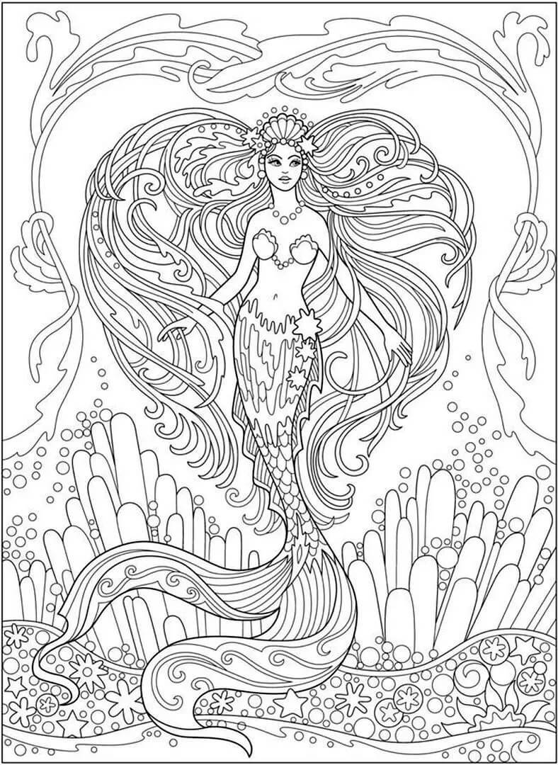 Desenhos de Mandala linda Sereia para colorir
