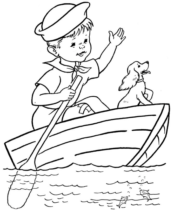 Desenhos de Menino Cachorro em Barco a Remo para colorir