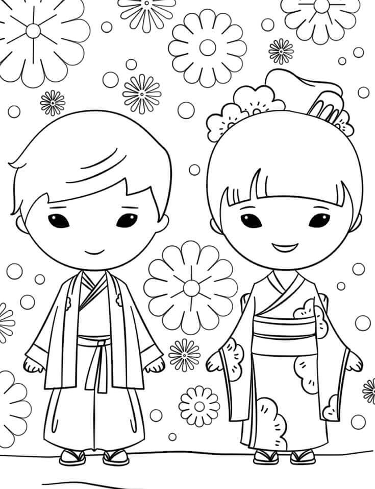 Desenhos de Menino e Menina Japoneses para colorir