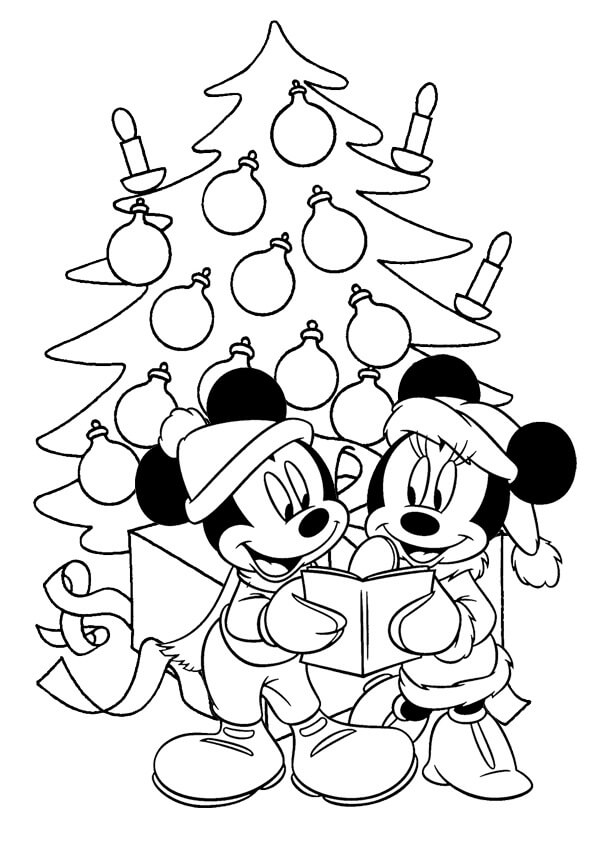 Desenhos de Mickey Mouse e Minnie Mouse com Árvore de Natal para colorir