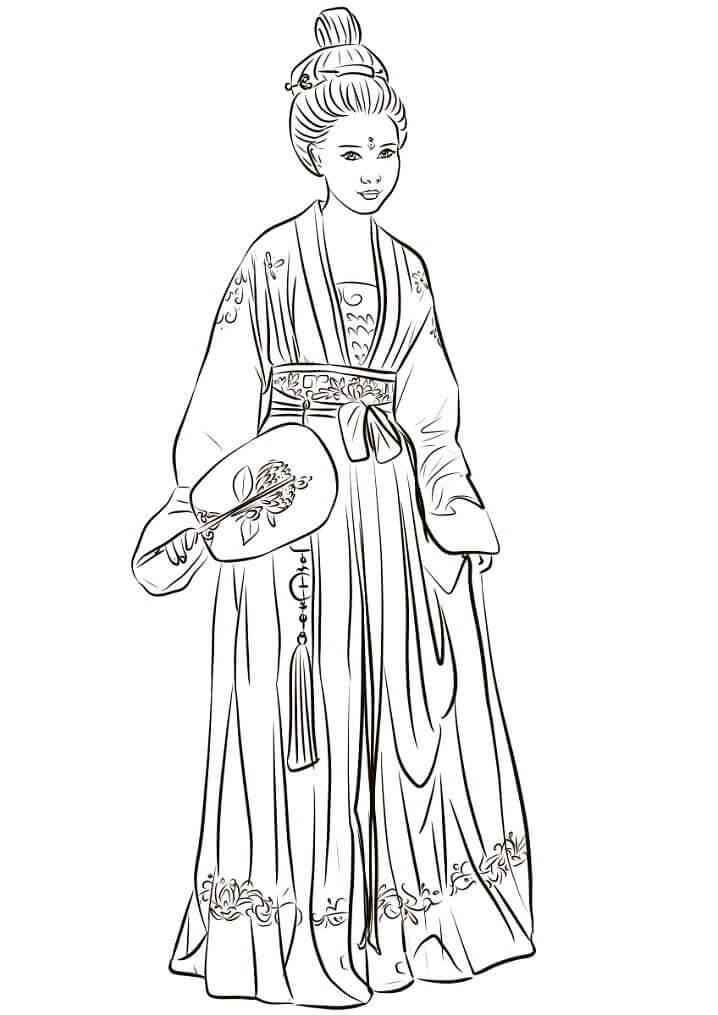 Mulher Chinesa, Vestindo, Hanfu para colorir