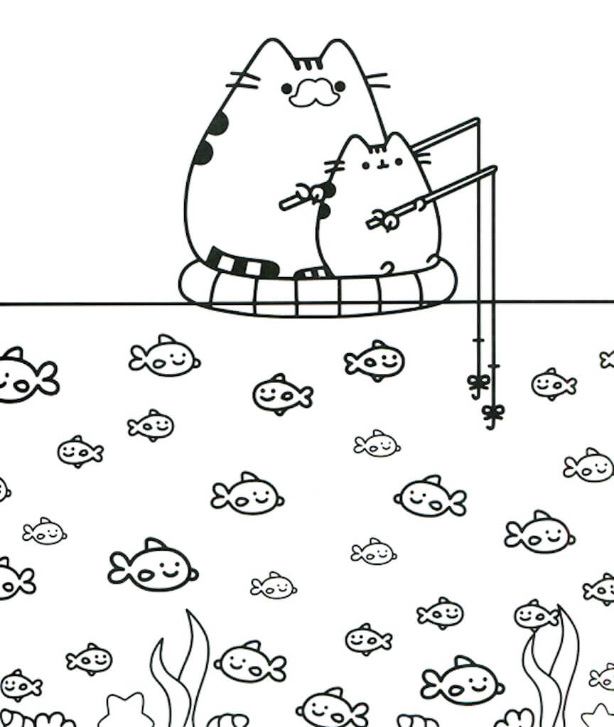 Pai e Filho Gato Pusheen vão Pescar Kawaii para colorir