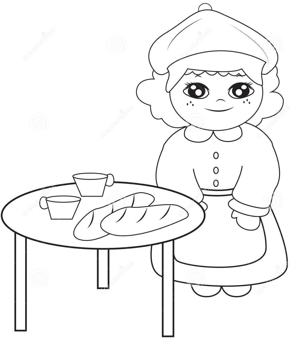 Desenhos de Pão e Chá na Mesa para colorir