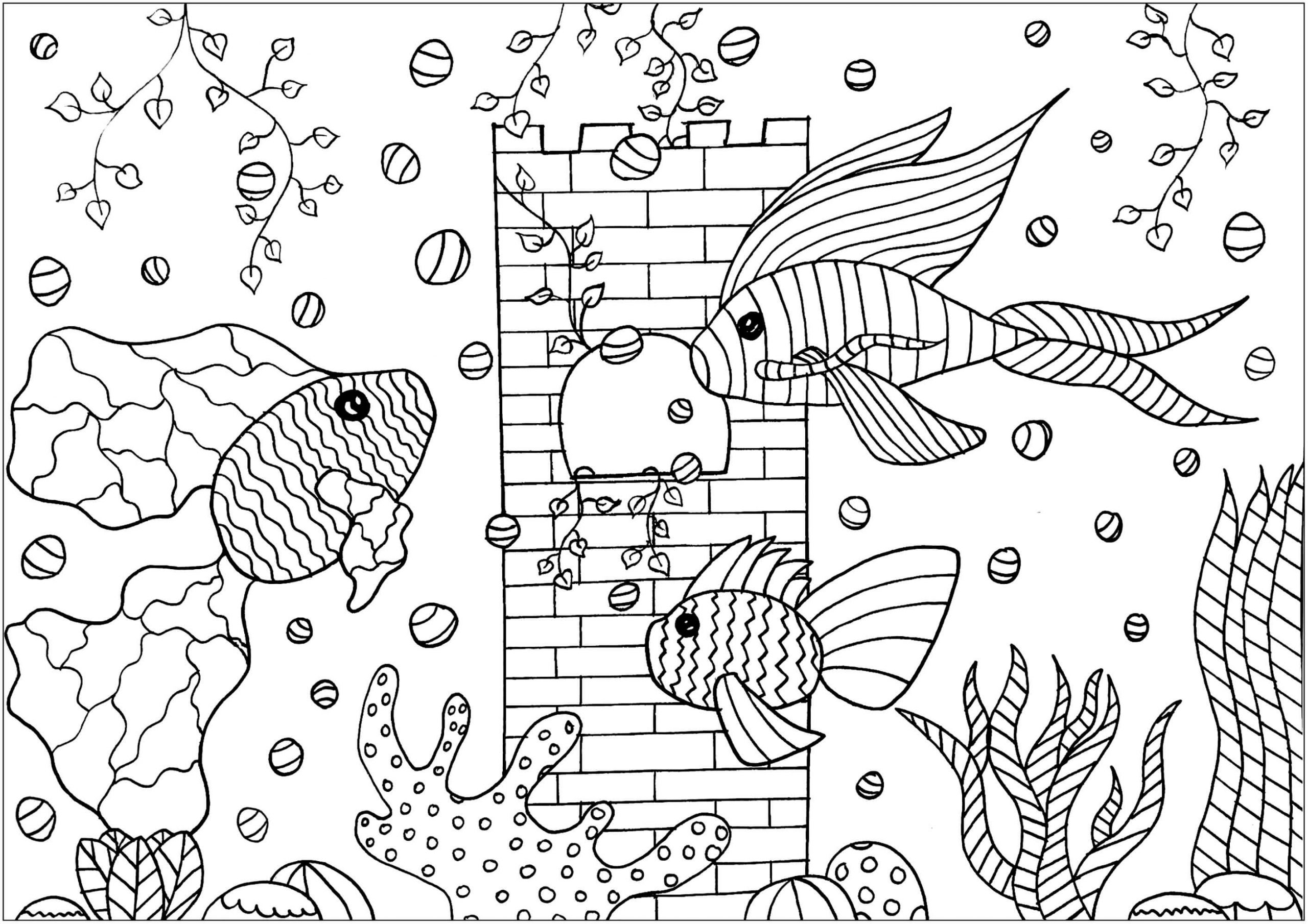 Desenhos de Peixes de Árvore em um Aquário para colorir