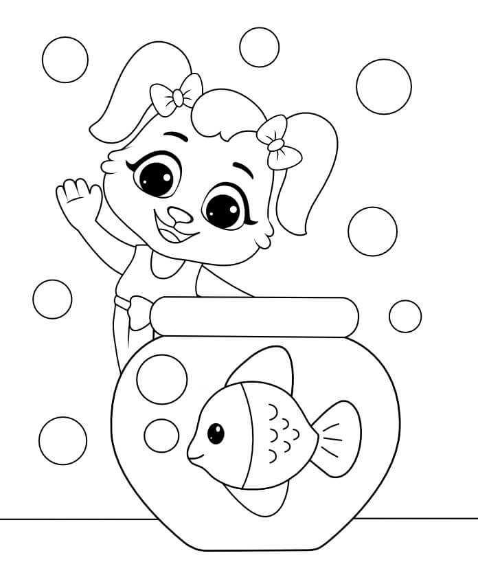 Personagem de Desenho Animado Mantendo Peixes no Tanque para colorir