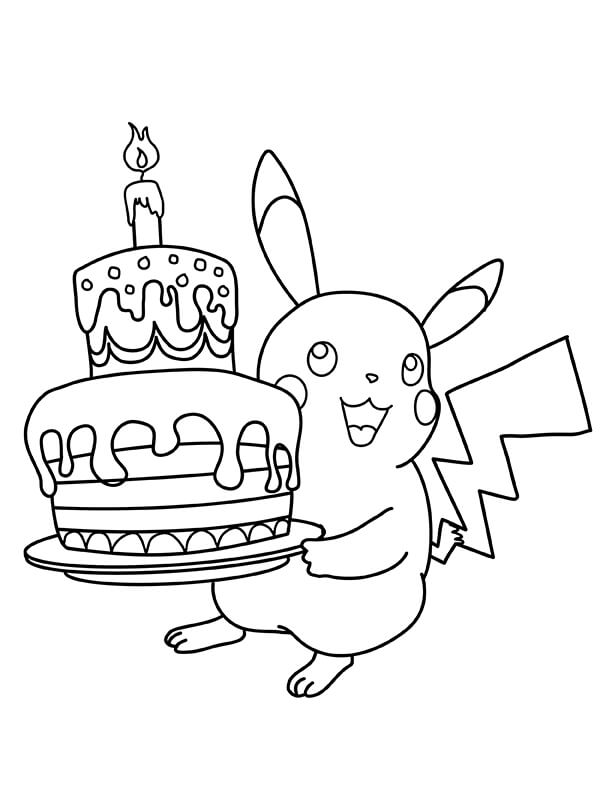 Desenhos de Pikachu Segurando bolo de Aniversário para colorir
