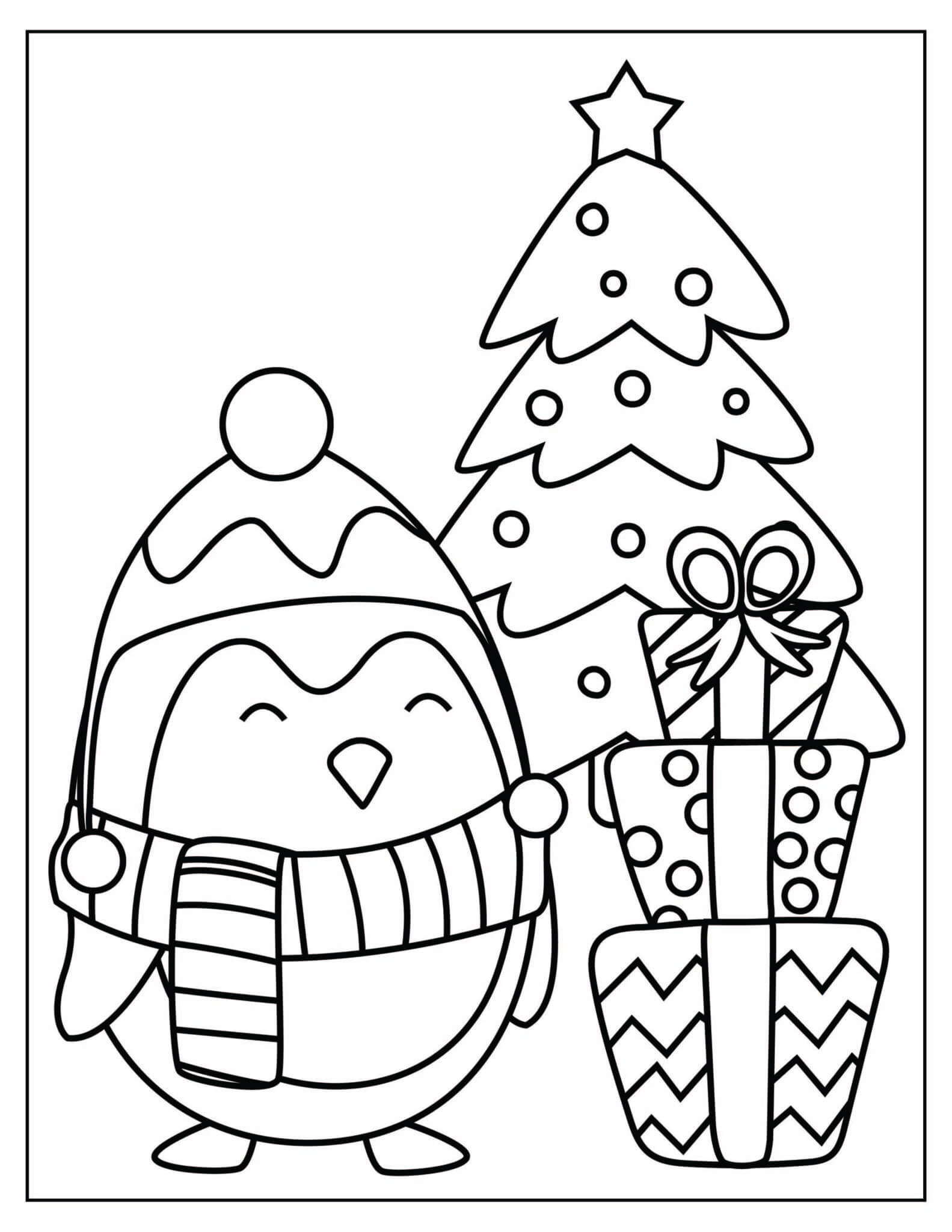 Desenhos de Pinguim e árvore de Natal com Caixas de Presente para colorir